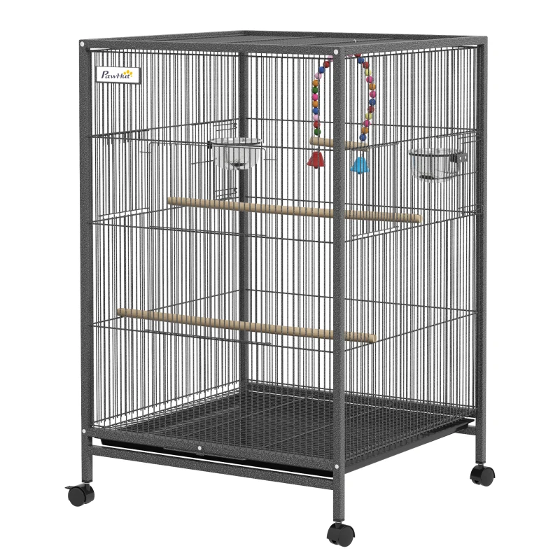 PawHut 29" Bird Cage for Parrots Lovebirds Budgies Finches, Flight Cage with 5 Doors, Swing, Stainless Steel Bowls, Removable Tray, Wheel, Grey