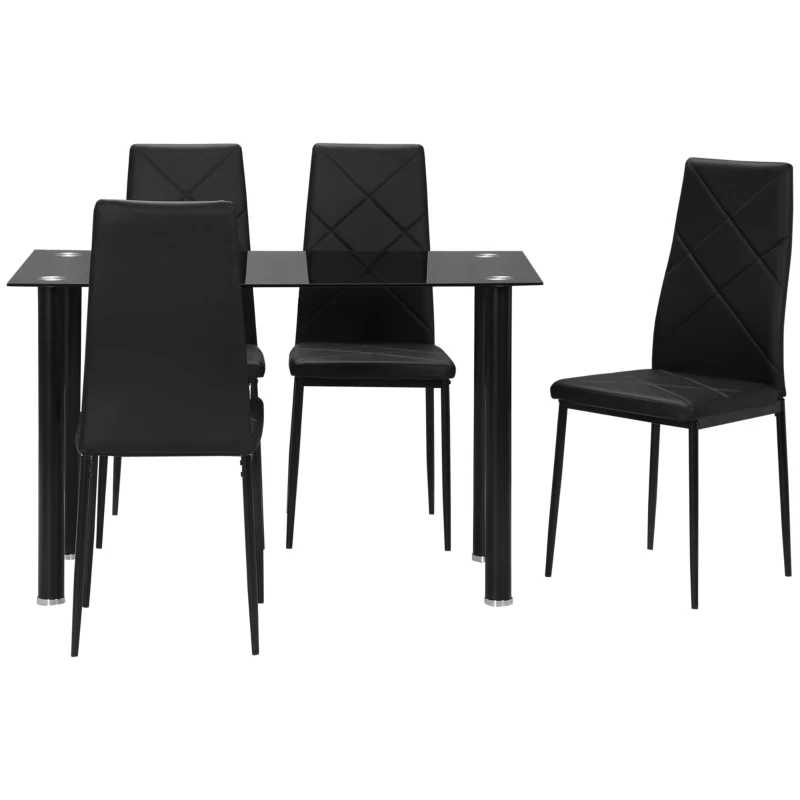 HOMCOM Dining Table and Chairs Set for 4, Modern 5 Pieces Kitchen Table Set with Glass Table, Padded Seat and Steel Frame