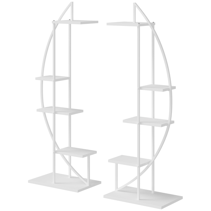 Outsunny 5 Tier Metal Plant Stand, Flower Pot Display Shelf with Hangers, Tall Plant Stand Indoor, Half Moon Shape, for Living Room Patio Garden Balcony Decor, White
