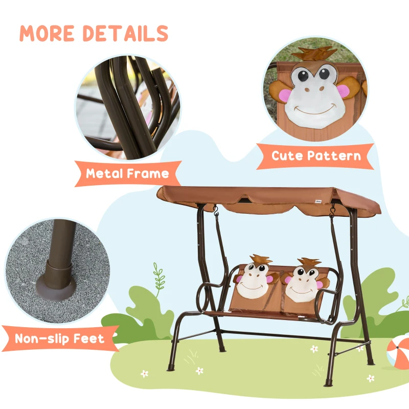 Outsunny Porch Swing for Kids with Adjustable Canopy to Block Sun at Angles, Kids Swing Chair with Seatbelts, Monkey Pattern, Gift for Kids Ages 3-6, Coffee