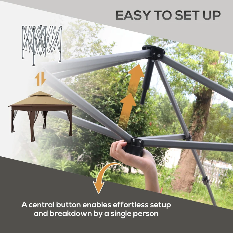 Outsunny 11x11FT Pop Up Canopy with 1-Button Push, Mosquito Netting, Carry Bag, Sandbags, Height Adjustable Instant Shelter