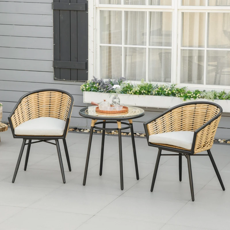 Outsunny 3 Piece Patio Set, Outdoor Bistro Furniture, PE Rattan Wicker Table and Chairs, Cushioned, Barrel Style, Cream White