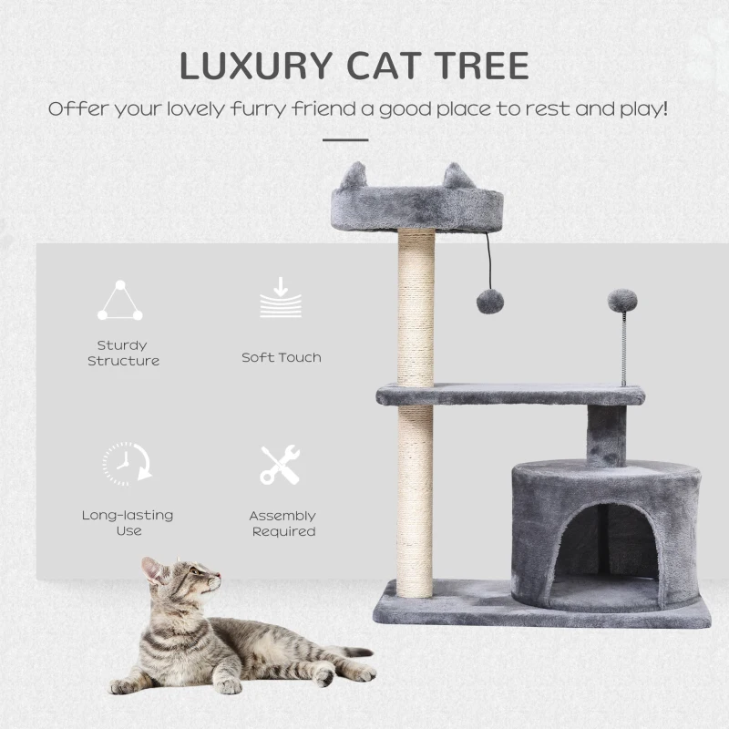 PawHut 81cm/32" Multi-level Cat Tree Scratcher Kitty Activity Center,Condo, Perch, Jumping Platforms,Toys Grey