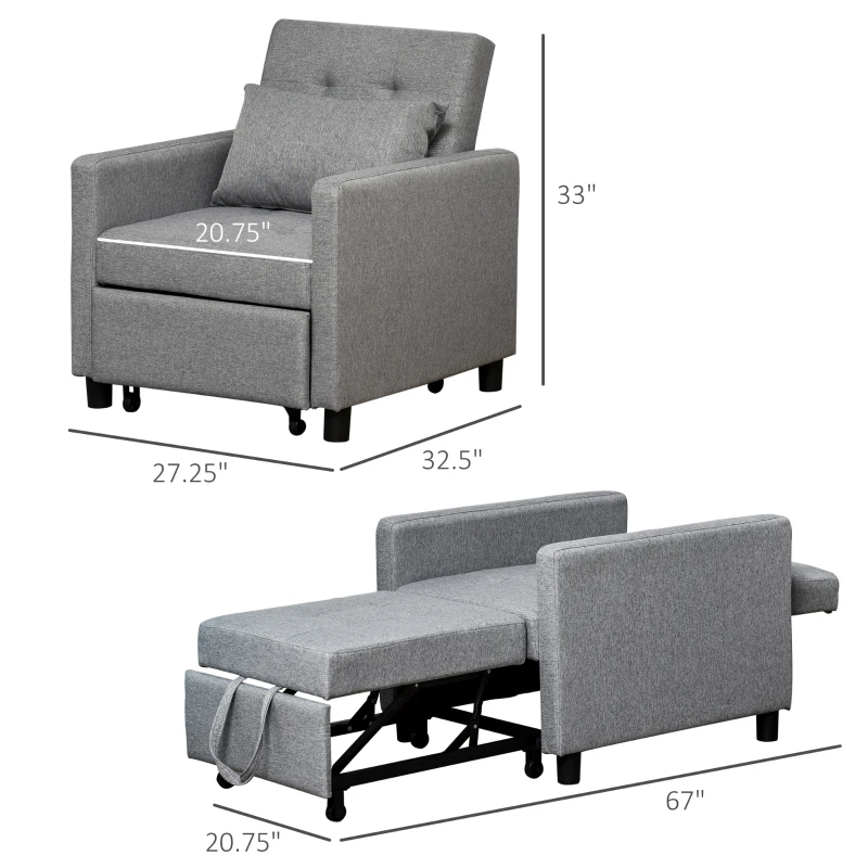 HOMCOM Convertible Sofa Lounger Chair Bed Multi-Functional Sleeper Recliner with Tufted Upholstered Fabric, Adjustable Angle Backrest, and Pillow, Grey