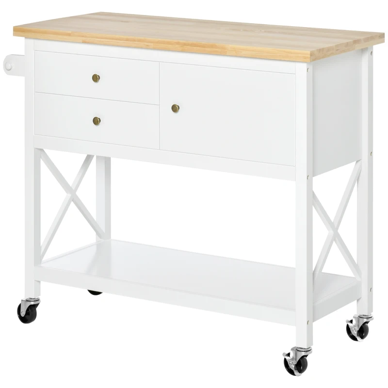 HOMCOM Rolling Kitchen Island Cart, Utility Trolley Cart with Rubberwood Top Storage Cabinet, 2 Drawers, Towel Rack, White
