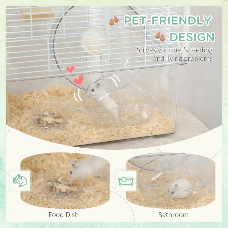 PawHut Wooden Hamster Cage, Gerbil Cage with Deep Bottom, Exercise Wheel, Food Dish, White