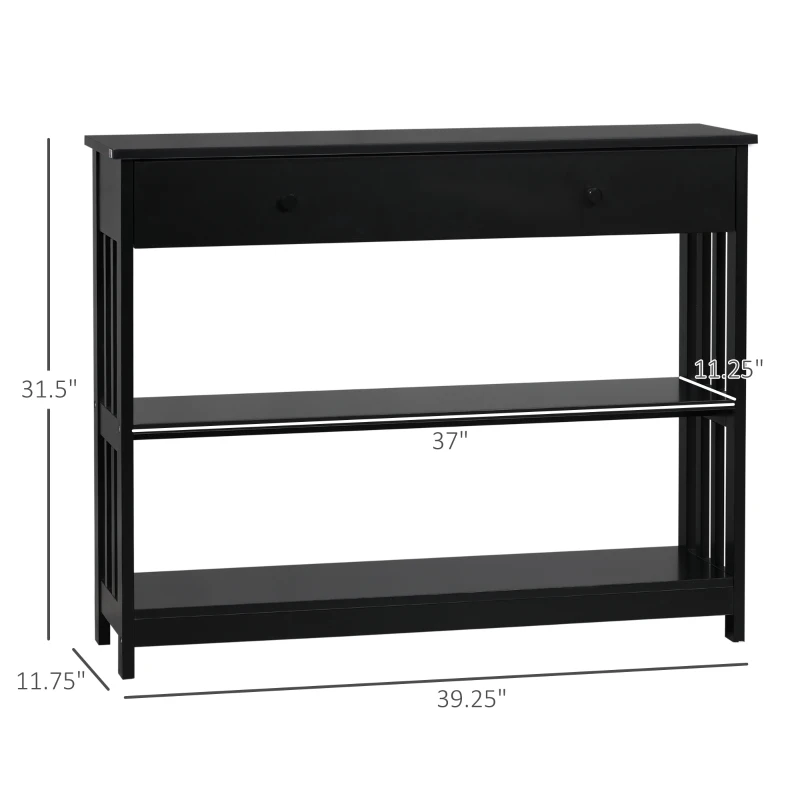 HOMCOM Console Hallway Table with Extra Wide Pull Out Drawer, 2 Open Shelves and Slatted Wood Frame Design, Black