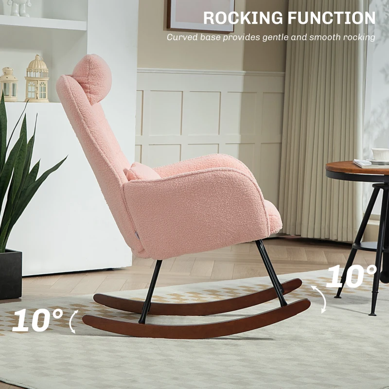 HOMCOM Nursery Rocking Chair with Headrest, Lumber Pillow, Nursing Chair with High Back for Living Room, Bedroom, Pink