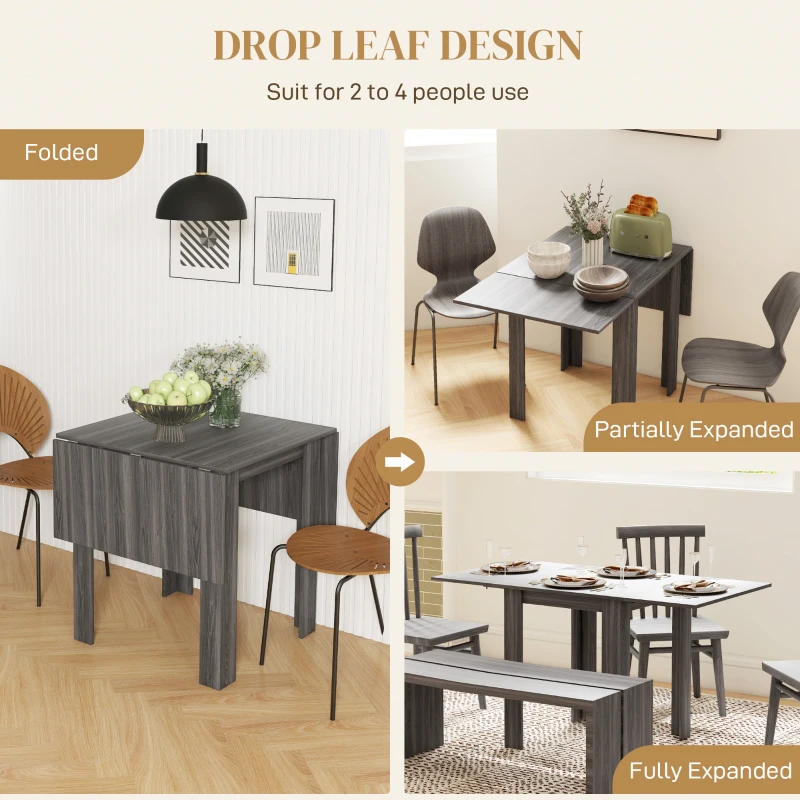 HOMCOM Folding Dining Table, Extendable Kitchen Table for Small Space, Drop Leaf Table for 2-4 People, Grey