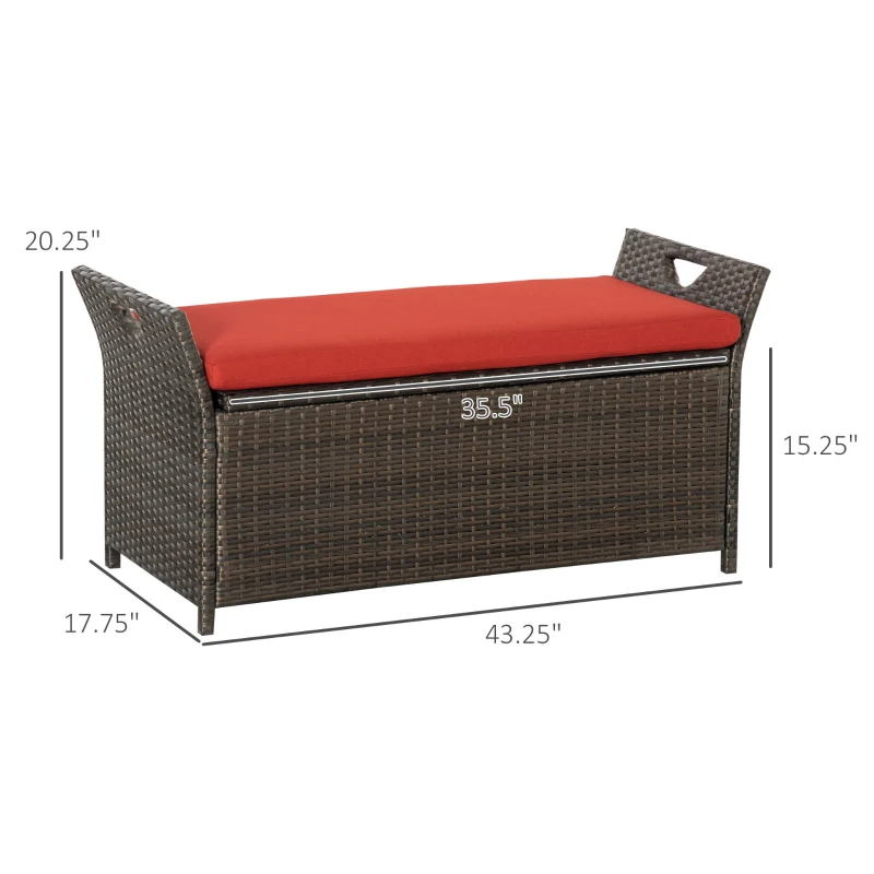 Outsunny 29 Gallon Patio Wicker Storage Bench, Outdoor PE Rattan Patio Furniture, 2-In-1 Large Capacity Rectangle Garden Storage Box with Handles and Cushion, Red