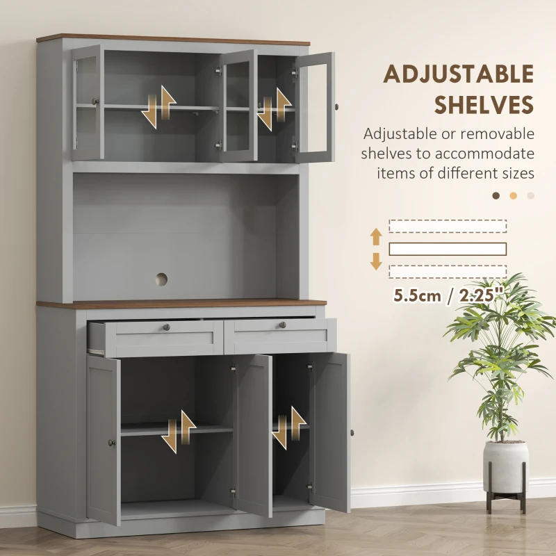 HOMCOM 71" Kitchen Pantry Cabinet with Microwave Stand, Kitchen Hutch with 2 Drawers and Adjustable Shelves, Gray