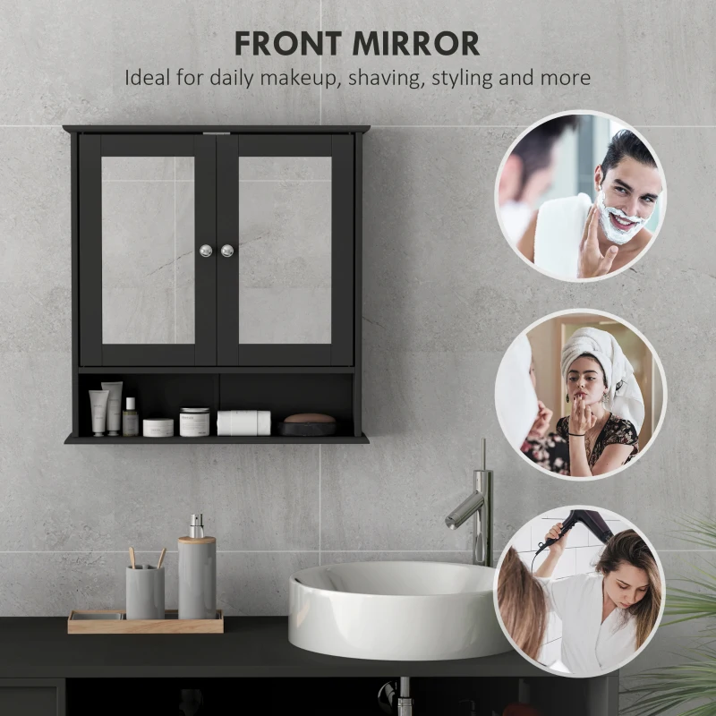 kleankin Medicine Cabinet, Wall-Mounted Bathroom Mirror Cabinet with Double Doors, Open Shelf, and Adjustable Shelf, Modern Bathroom Wall Cabinet, Black