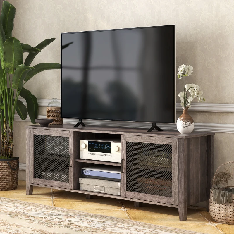 HOMCOM Industrial TV Cabinet Stand for TVs up to 65", Entertainment Center with Mesh Doors and  Shelves for Living Room, Brown