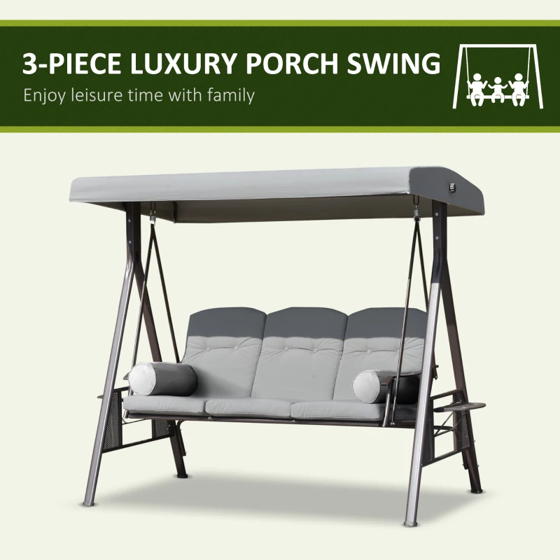 Outsunny Outdoor Patio 3-Person Steel Canopy Cushioned Seat Bench Swing with Included Side Trays & Padded Comfort, Light Grey