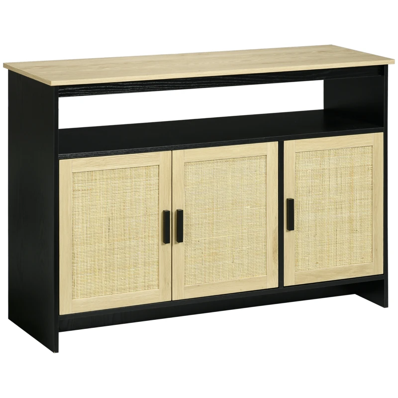 HOMCOM Kitchen Sideboard Cabinet with 3 Rattan Doors, Adjustable Shelves and Handles for Living Room, Hallway, Natural