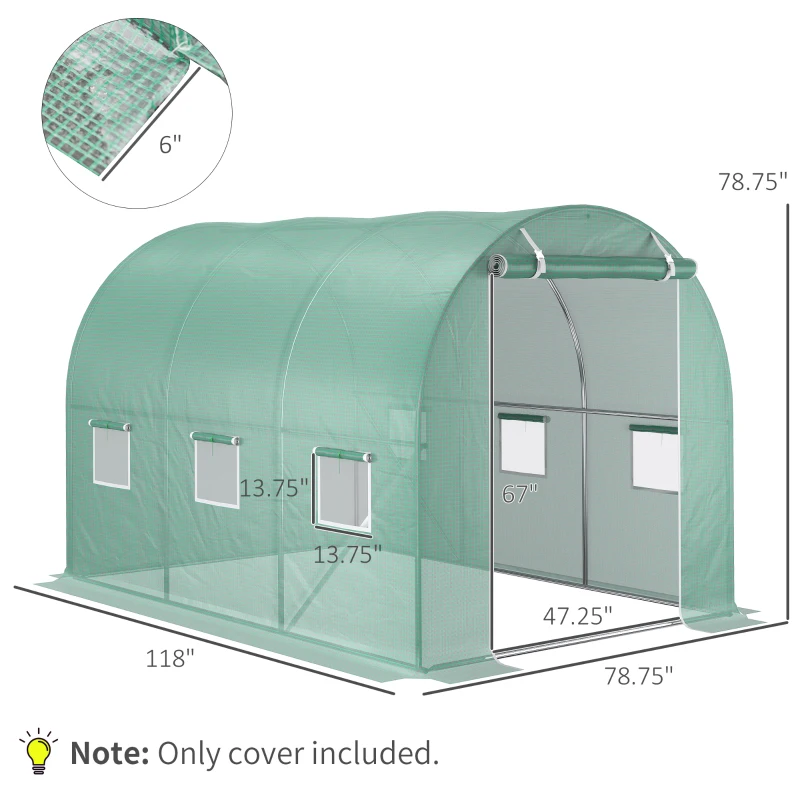 Outsunny 9.8' x 6.6' x 6.6' Plastic Greenhouse Cover Replacement, Heavy Duty Waterproof Tarp for Hoop House, Sheeting with 6 Windows, Door & Reinforcement Grid, Green(m-3)
