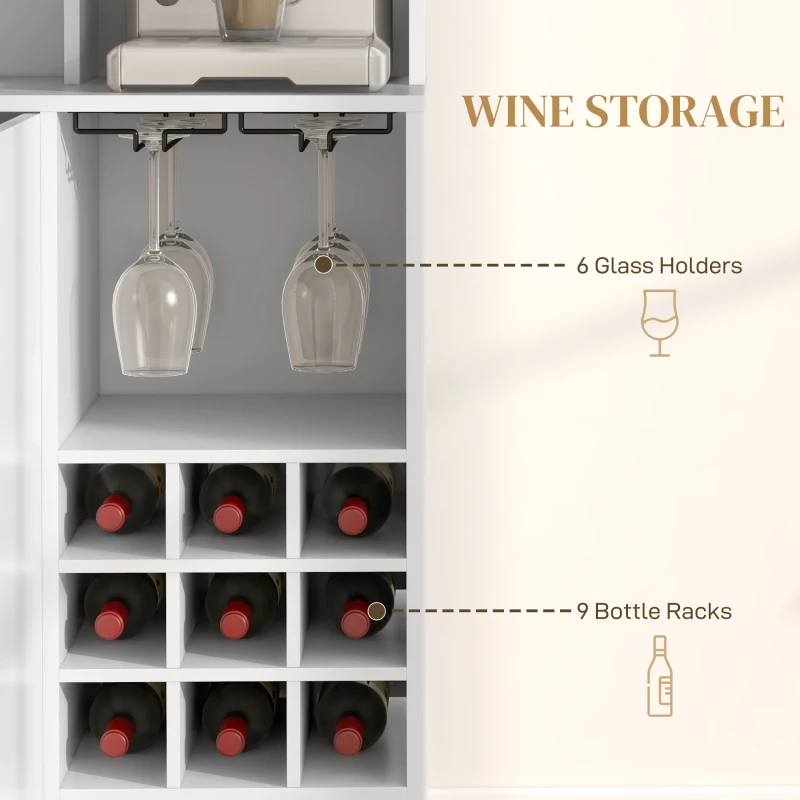 HOMCOM Coffee Bar Cabinet, Kitchen Hutch with Wine Storage, Microwave Countertop, Drawer and Tempered Glass Doors, White