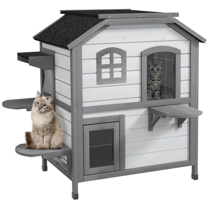 PawHut Fir Wood 2-Story Outdoor Cat House, Wooden Feral Cat