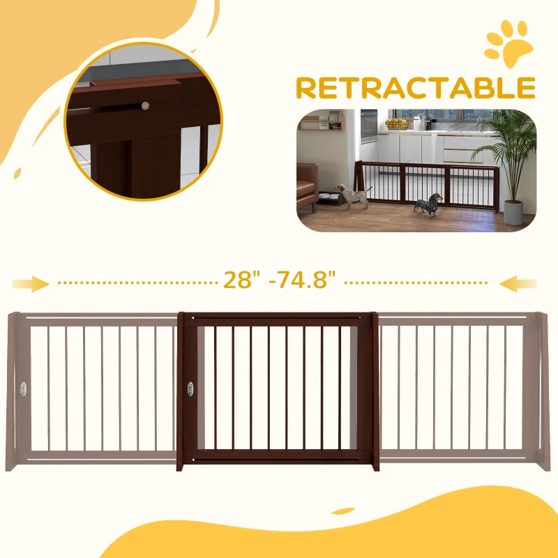 PawHut 28"-75" Freestanding Wooden Pet Gate with Support Feet & Non-Slip Mats for Indoor, Stairway, Doorway, Brown