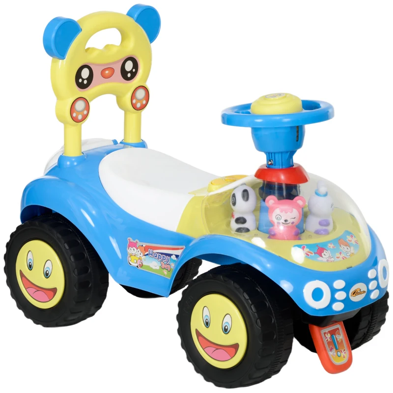 Qaba Foot to Floor Toddler Push Car w/ Horn, Light, Music, Anti-Over-Backwards Device & Underseat Storage, Blue