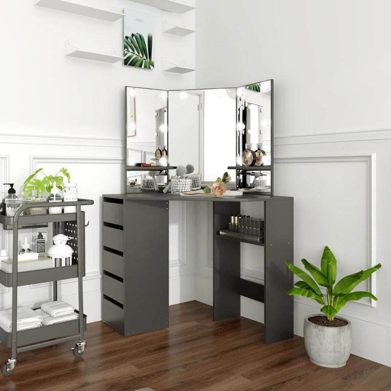 HOMCOM Makeup Vanity Table with 3-Panel Mirror and 10 LED Lights, Dressing Table with 5 Drawers and Shelves for Bedroom, Black