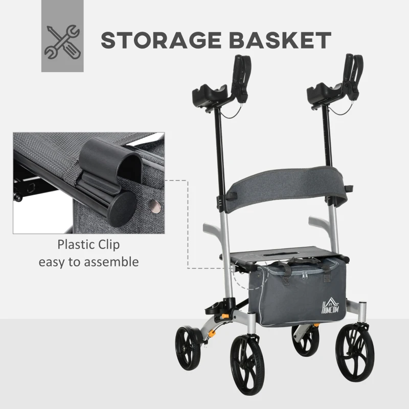 HOMCOM Aluminum Rollator Walker for Seniors and Adults with 10'' Wheels, Adjustable Handle and Removable Storage Bag, Silver