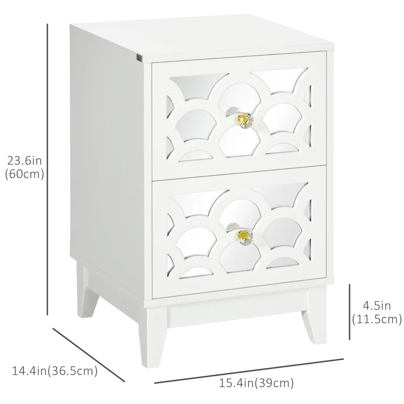 HOMCOM Modern Bedside Table, Side End Table with Drawers and Front Mirror, 15.4"x14.4"x23.6", White