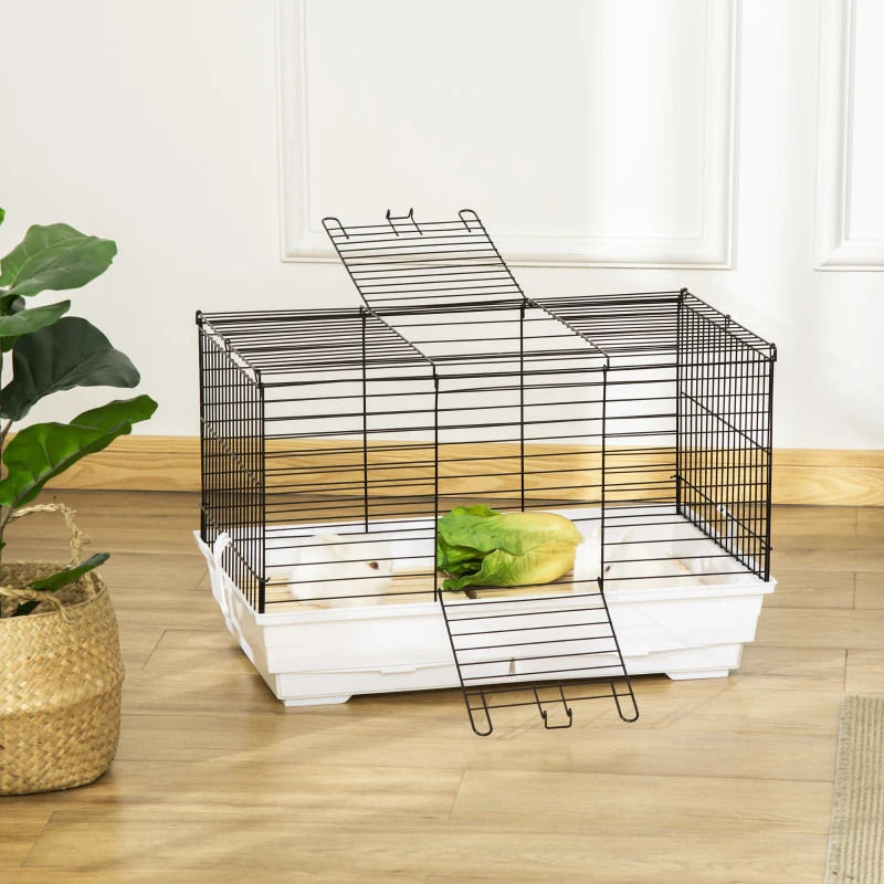PawHut Rabbit Guinea Pig Cage, Bunny Cage Pet Pen with Sliding-Out Trays, Bottom Wood Board, Doors, 24" x 15" x 16"