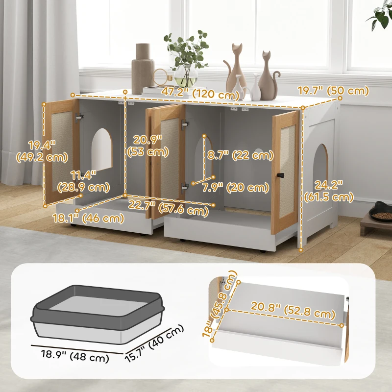 PawHut Cat Litter Box Enclosure w/ 2 Cabinets, Scratching Mats, Pull-Out Trays, Hidden Litter Box for 2 Cats, White