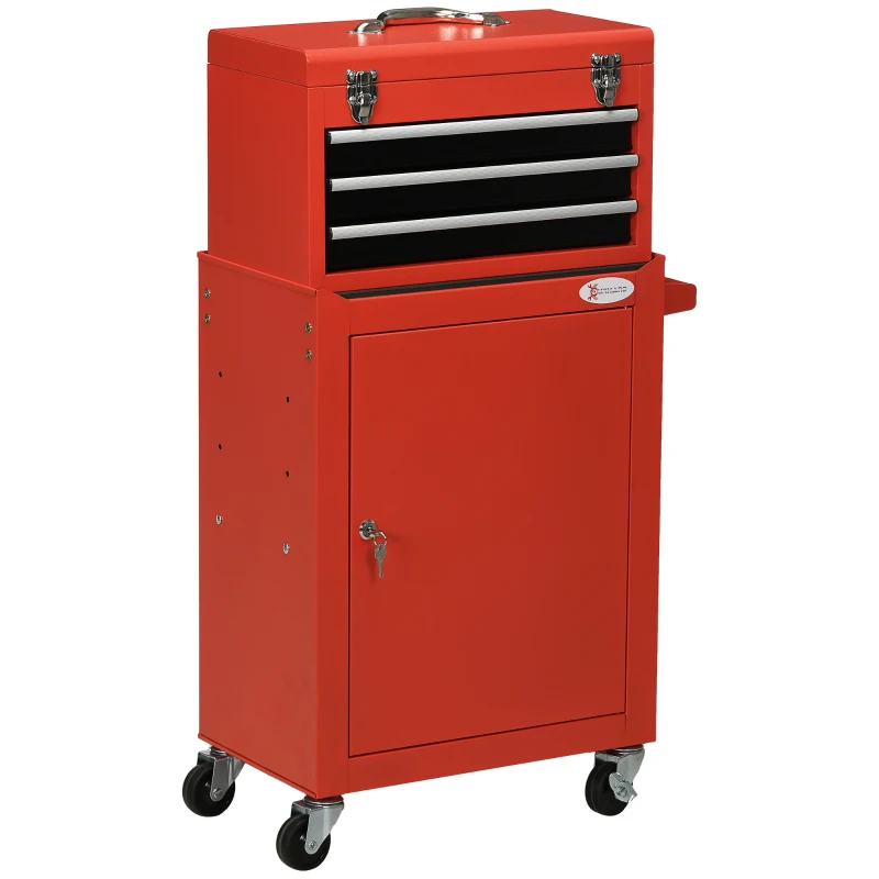 DURHAND 2 In 1 Detachable Tool Box and Tool Cabinet, 3-Drawer Rolling Tool Chest Cabinet on Wheels with Lock and 2 Keys, Red