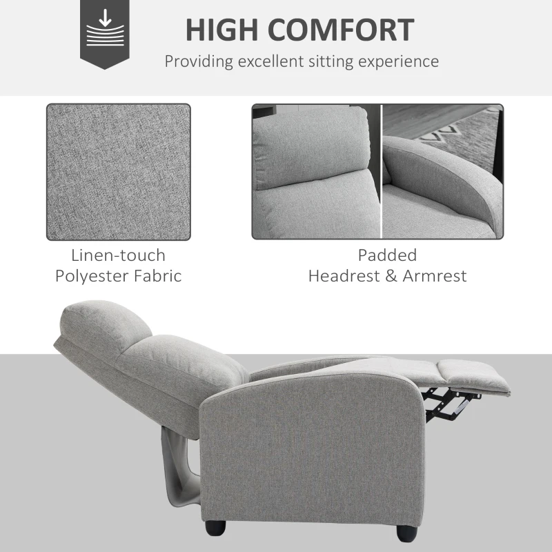 HOMCOM Fabric Recliner Manual Home Theater Seating Single Linen-Touch Sofa Armchair for Living Room, Light Grey