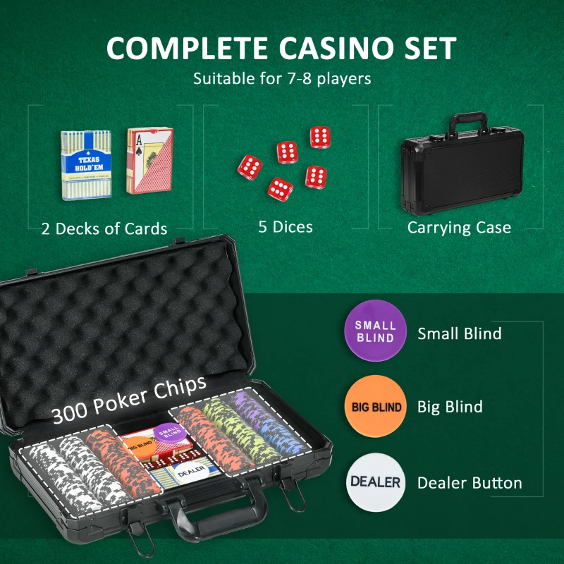 Soozier 300PCs 14 Gram Clay Poker Chips Set Casino Poker Chips with Aluminum Case, Playing Cards, Dealer Button, 5 Dices