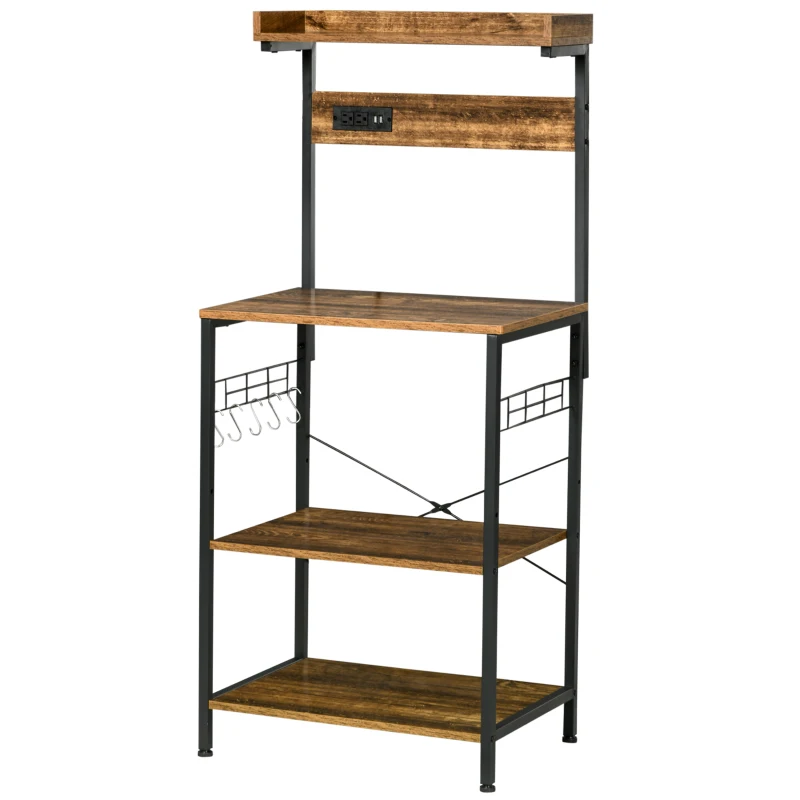 HOMCOM Kitchen Baker's Rack with Power Outlet, USB Ports, Coffee Bar Station with Adjustable Shelves, Rustic Brown