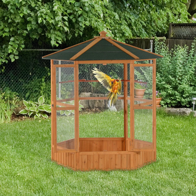 PawHut 69" Wooden Hexagonal Outdoor Aviary Flight Bird Cage With Covered Roof, Brown(m-2)