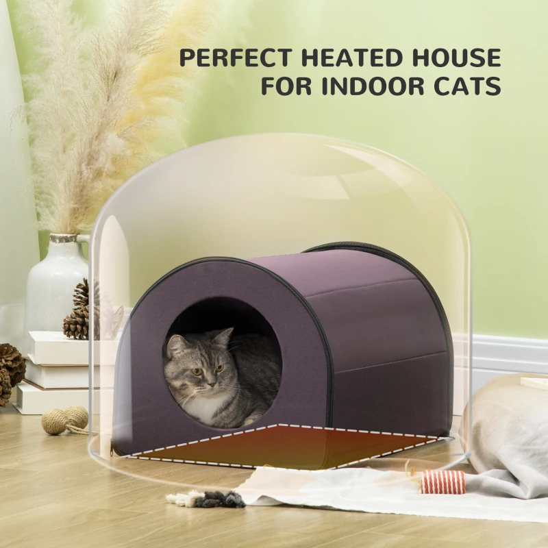 PawHut Dome Heated Cat House Portable and Waterproof Pet Shelter for Kitty in Winter, Brown