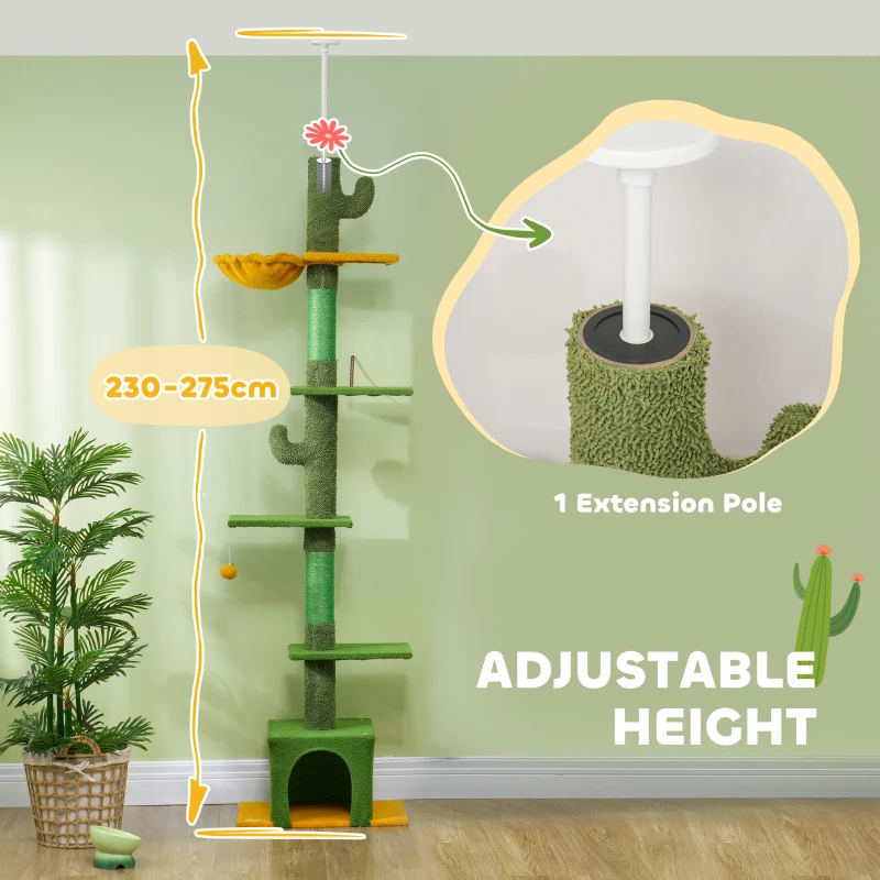 PawHut Floor to Ceiling Cat TreeTower with 90.5"-108" Adjustable Height, Scratching Posts, Hammock, Comdo, Toy Ball, Green