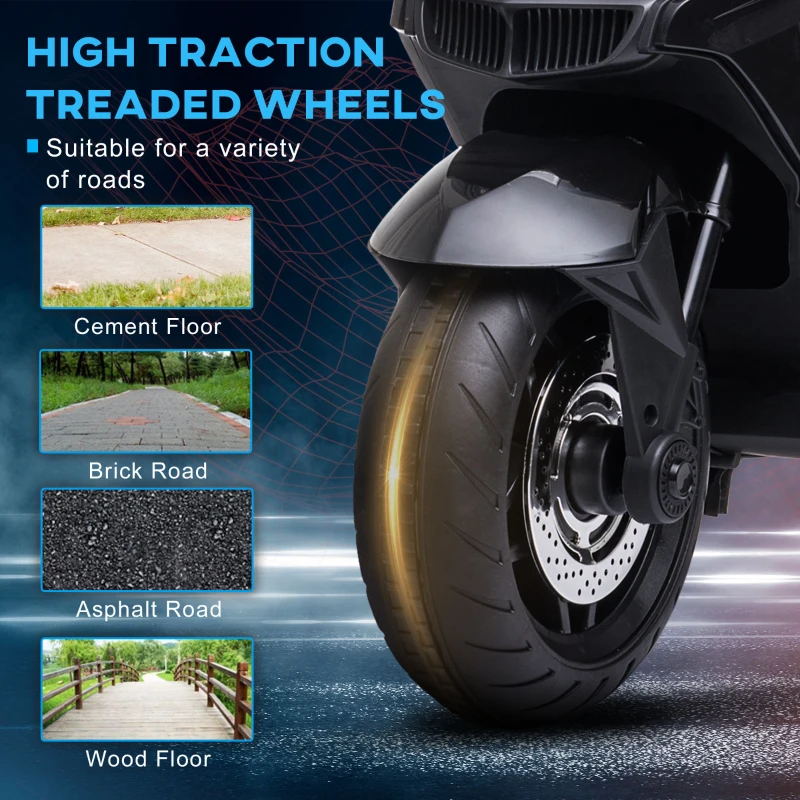 Aosom 12V Kids Electric Motorcycle with Training Wheels, Battery Power Ride on Motorbike, High-Traction at 3.7 Mph Top Speed, with Light Music, Black