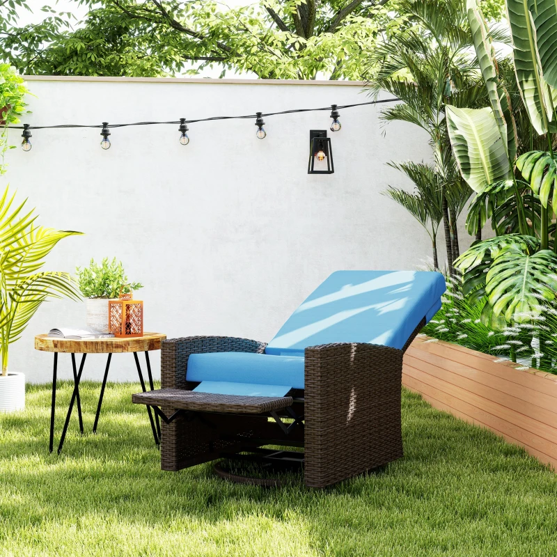 Outsunny Outdoor Wicker Swivel Recliner Chair, Lifting Footrest, 360° Rotating Basic, Water-resistant Cushions, Sky Blue