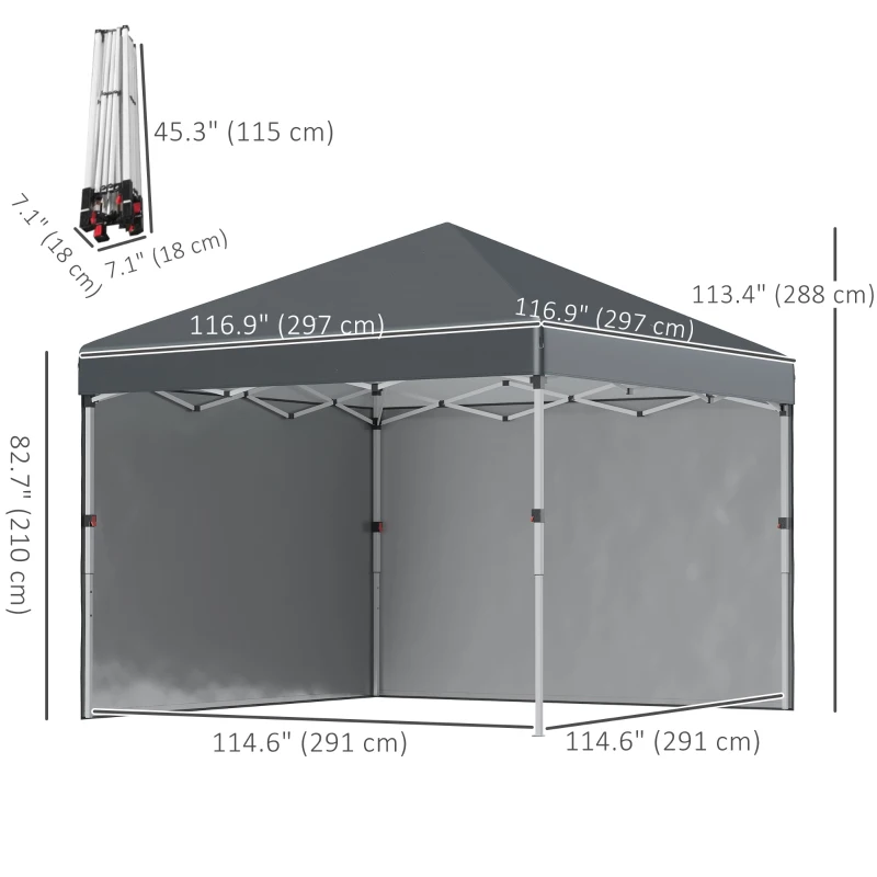 Outsunny 10' x 10' Pop Up Canopy with Sidewalls, Roller Bag, Height Adjustable Instant Tent for Outdoor, Garden, Patio, Dark Grey