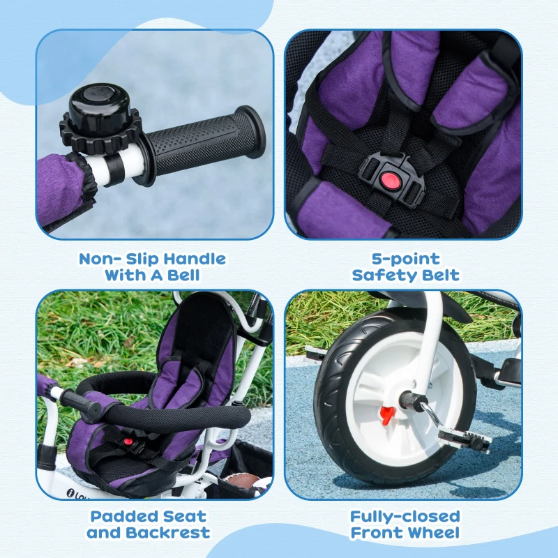 Qaba 6 in 1 Toddler Tricycle Stroller with Basket, Canopy, 5-point Safety Harness, for 12-60 Months, Purple