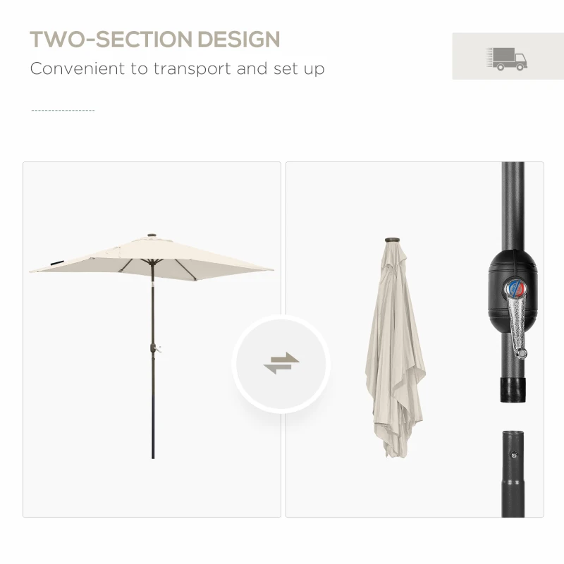 Outsunny 6' x 10' Patio Umbrella with 22 LED Solar Lights and Tilt, Rectangular Outdoor Table Umbrella with Crank, Beige