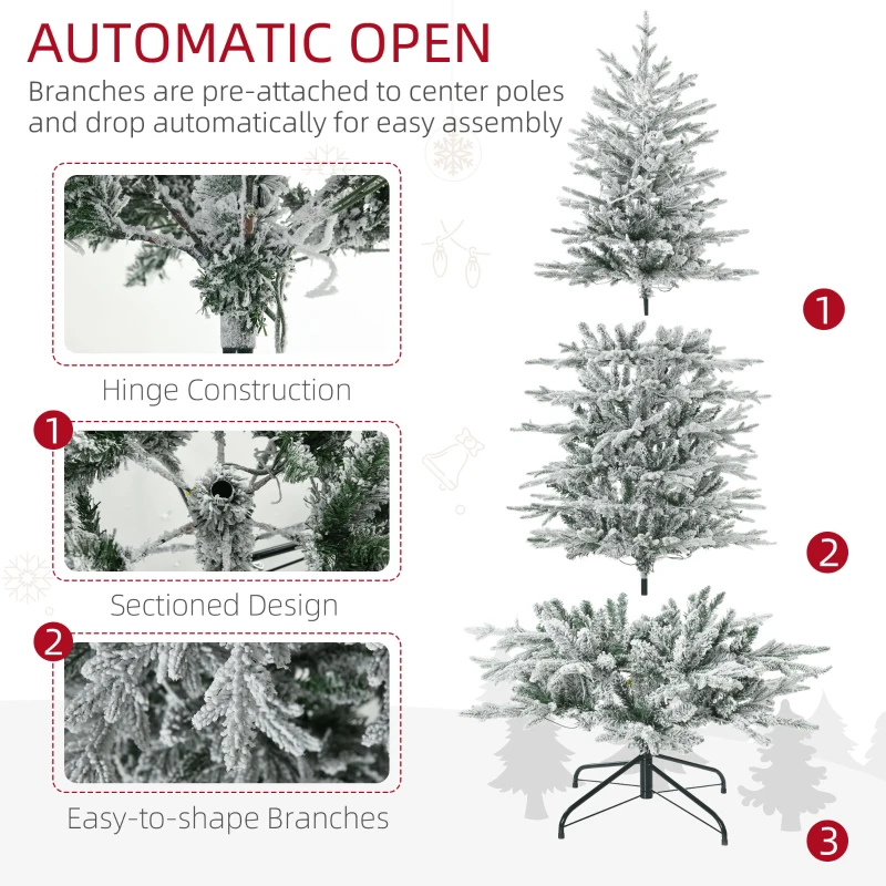 HOMCOM 6' Pre Lit Artificial Flocked Christmas Trees, with Snow Branches, Warm Yellow Clear Lights, Auto Open, Extra Bulb