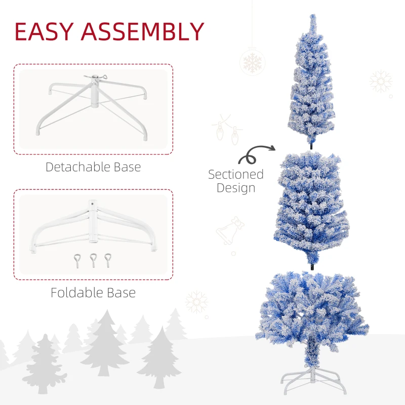 HOMCOM 6ft Flocked Christmas Tree, Pencil Christmas Tree with Realistic Branch Tips, Folding Metal Stand, Blue