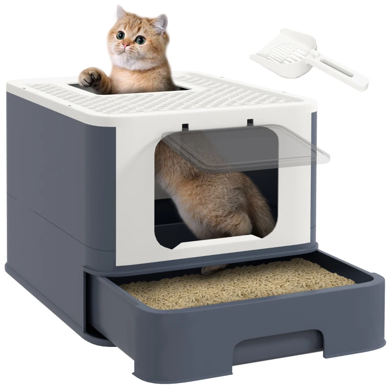 PawHut Cat Litter Box with Lid, Scoop, Front Entry, and Top Exit for Large Cats, White