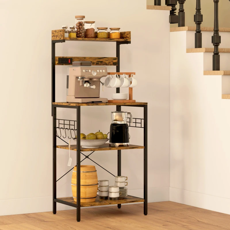 HOMCOM Kitchen Baker's Rack with Power Outlet, Coffee Bar Station with Adjustable Shelves and Hooks, Rustic Brown
