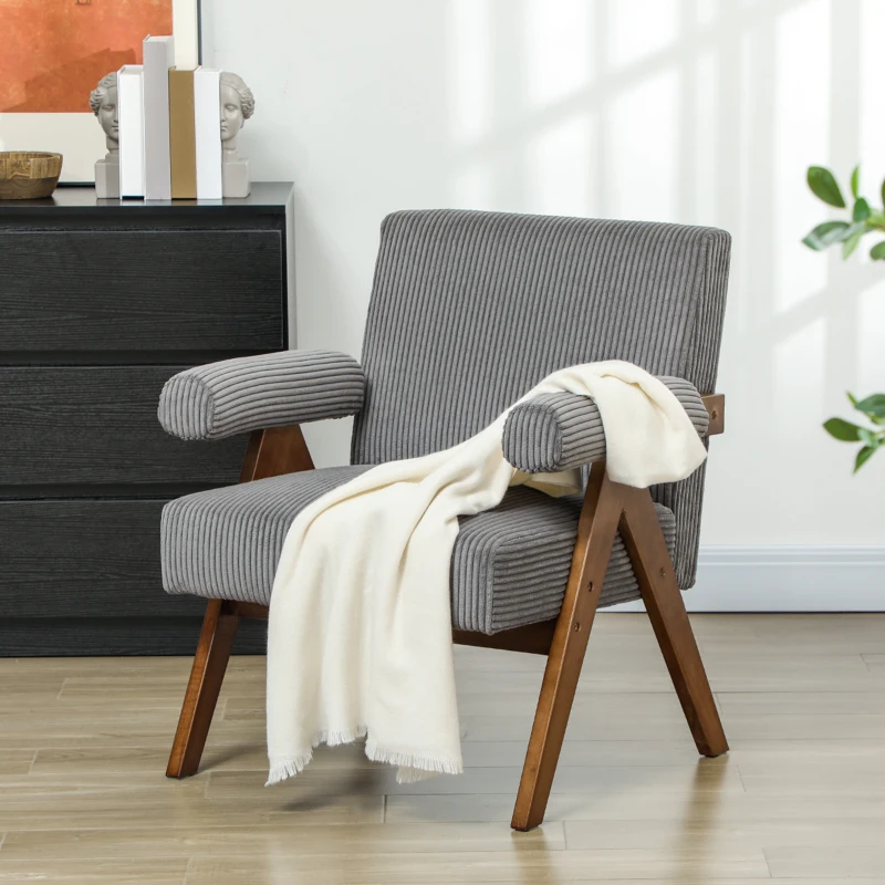 HOMCOM Corduroy Accent Chair Armchair with Wide Seat and Soft Padded Armrests for Reading, Bedroom, Dark Grey