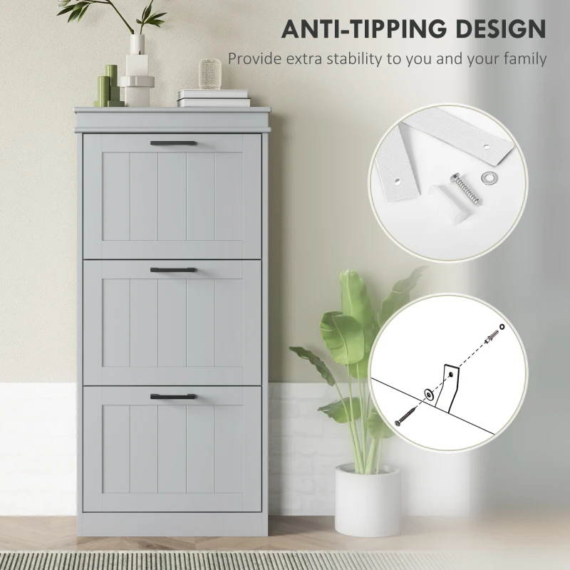 HOMCOM Slim Shoe Cabinet with 3 Flip Drawers and Adjustable Shelves, Narrow Shoe Cabinet for 15 Pairs of Shoes, Grey