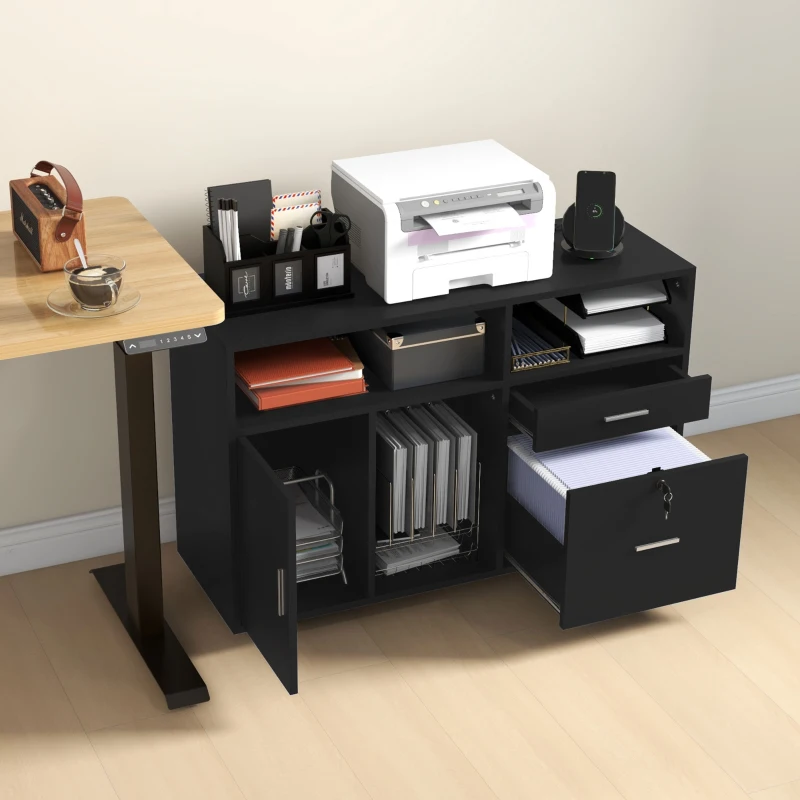 HOMCOM Mobile Printer Stand with Charging Station and USB Ports, Locking Filing Cabinet for A4 and Letter Size, Black