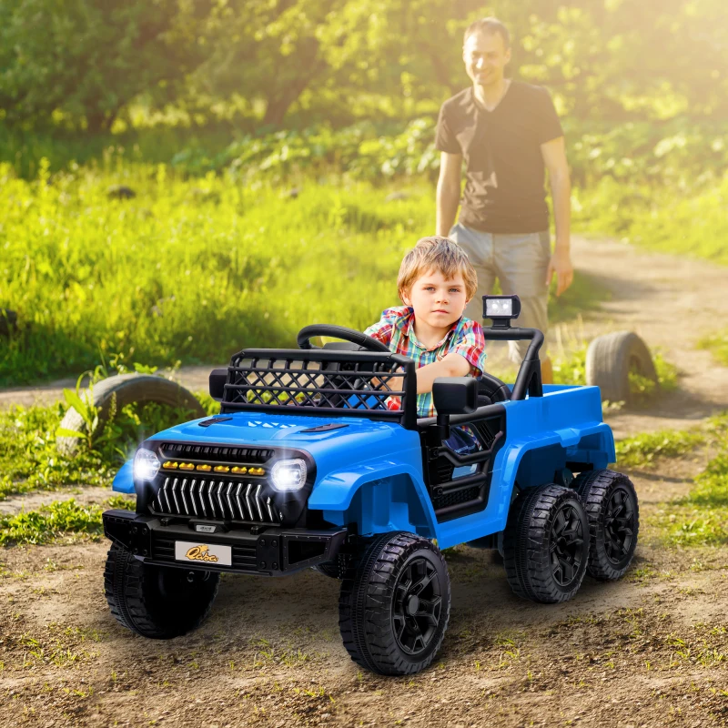 Qaba 12V 4x4 Kids Electric Car w/ 2WD/4WD Switchable, Remote Control, Spring Suspension System, Back Trailer, Light Blue