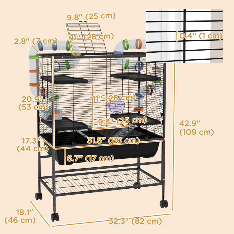PawHut 43" Rolling Hamster Cage with Tunnel Tube System, Storage Shelf, Exercise Wheel, Food Dish, Water Bottle, Ramp